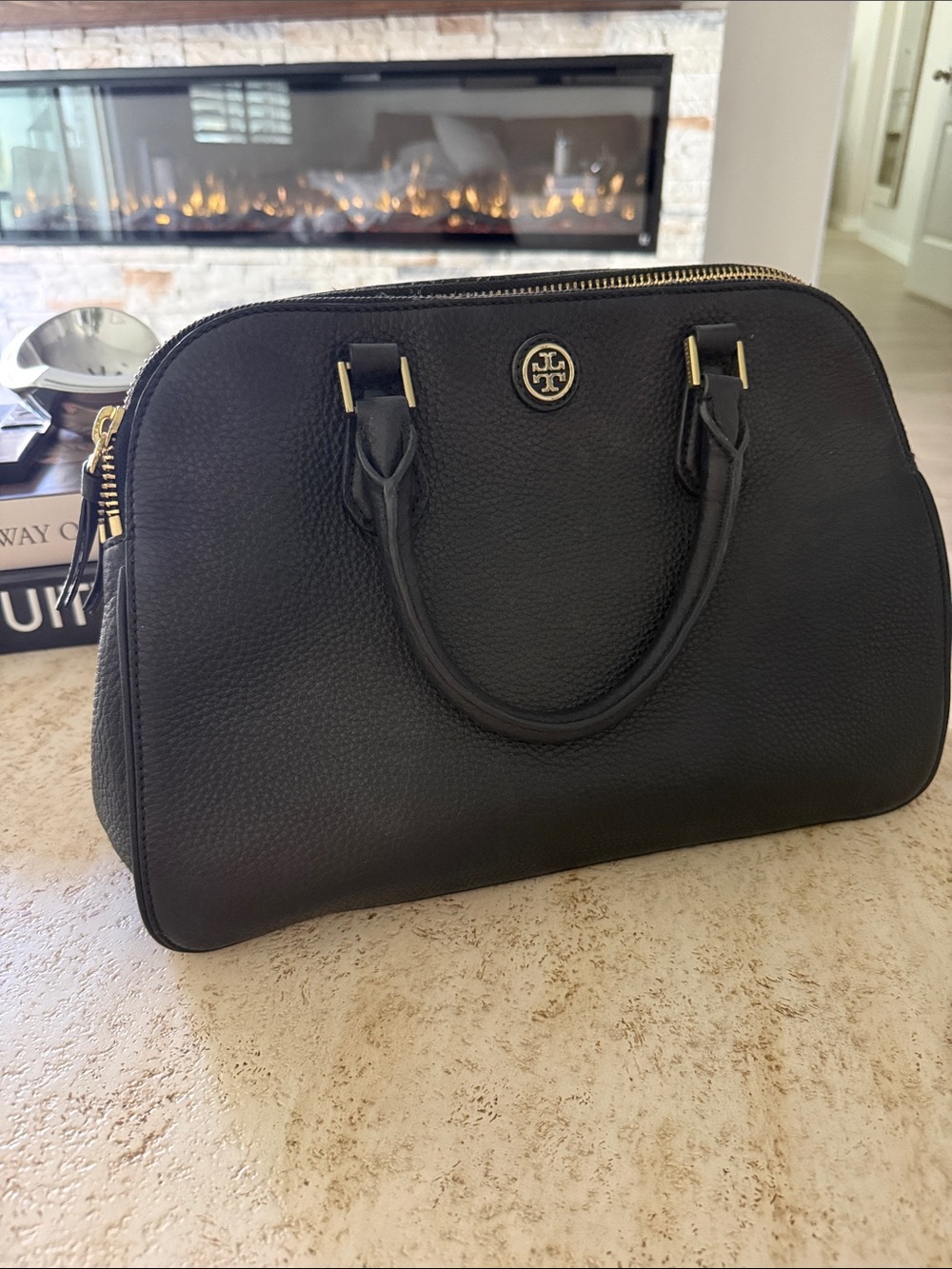 Tory Burch Black Pebbled Dome Satchel with Gold Logo